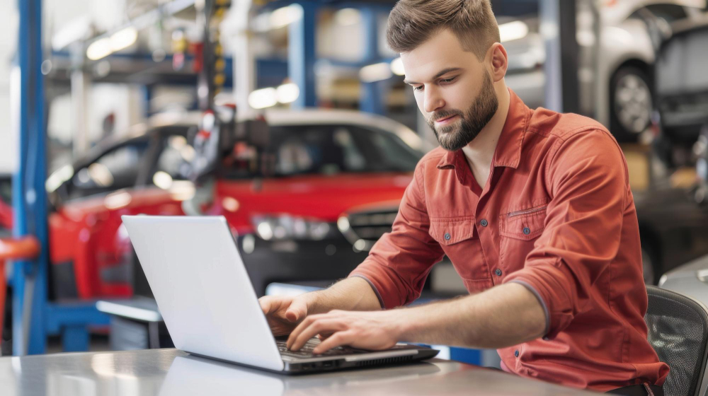 Garagiste dans son garage consultant Listocar sur son ordinateur Garagiste dans son garage consultant Listocar sur son ordinateur