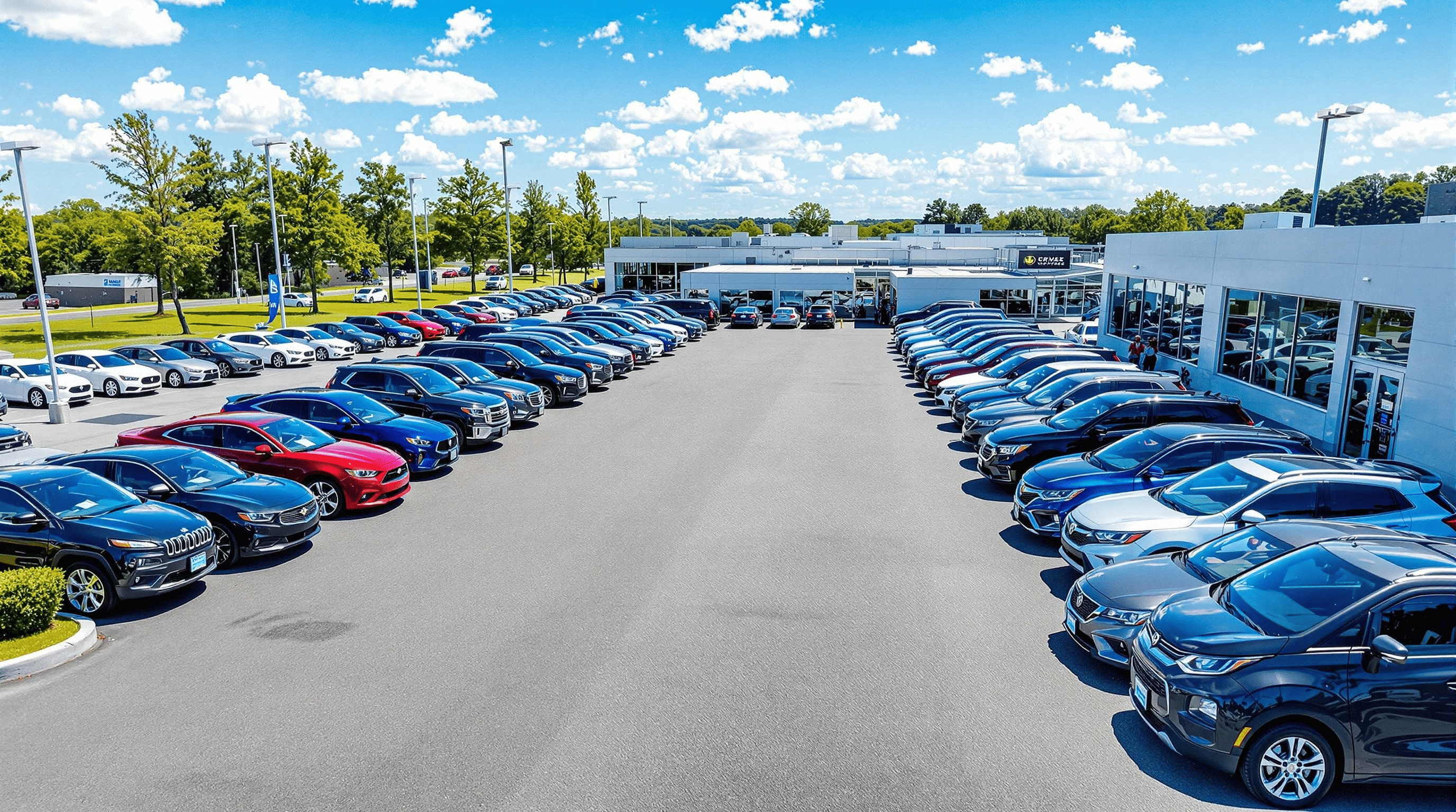 Vue ext&eacute;rieure du garage automobile d'un mandataire auto avec beaucoup de voitures